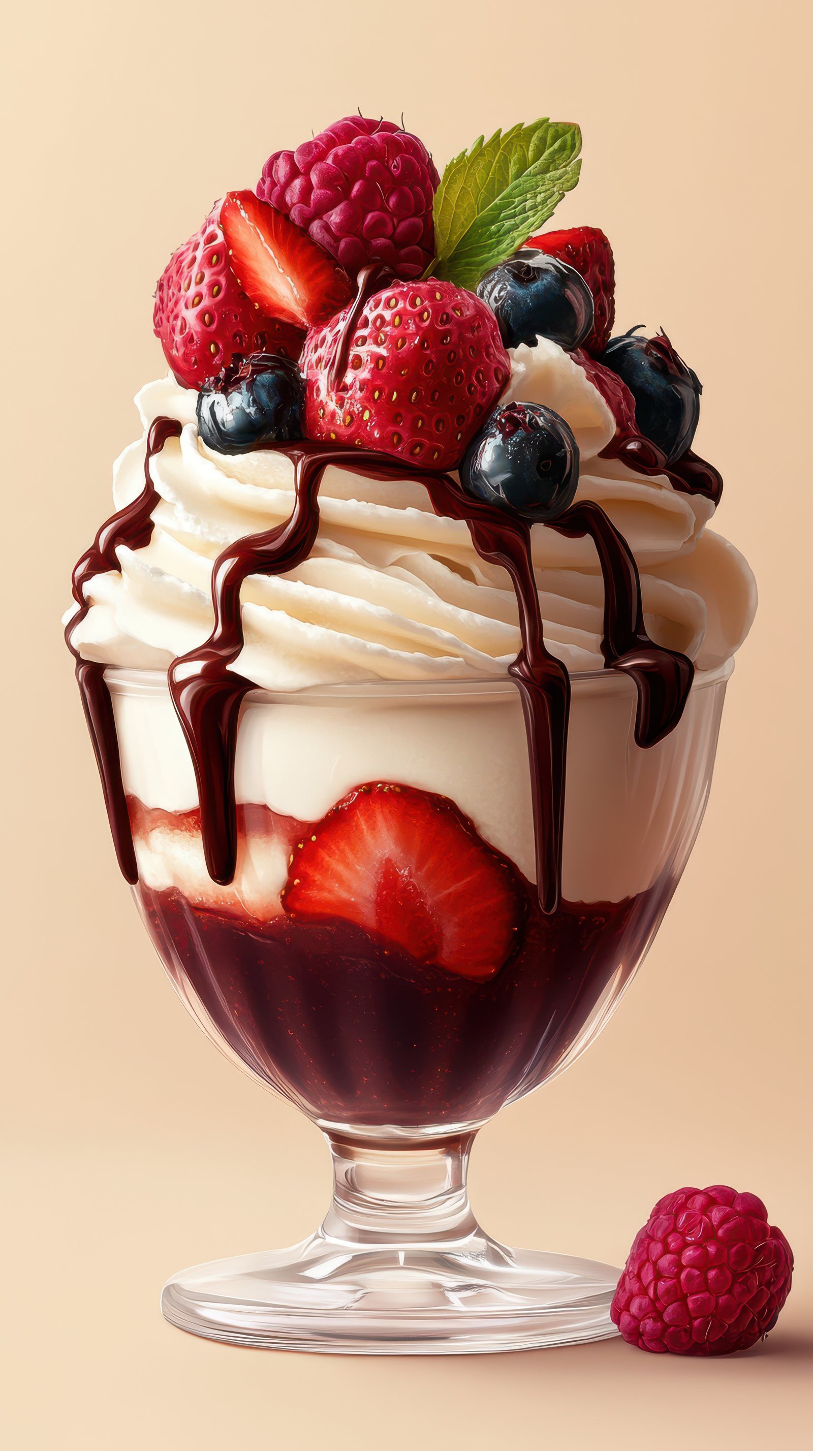 Delicious dessert featuring layers of cream, fruit, and chocolate sauce served in a clear glass bowl